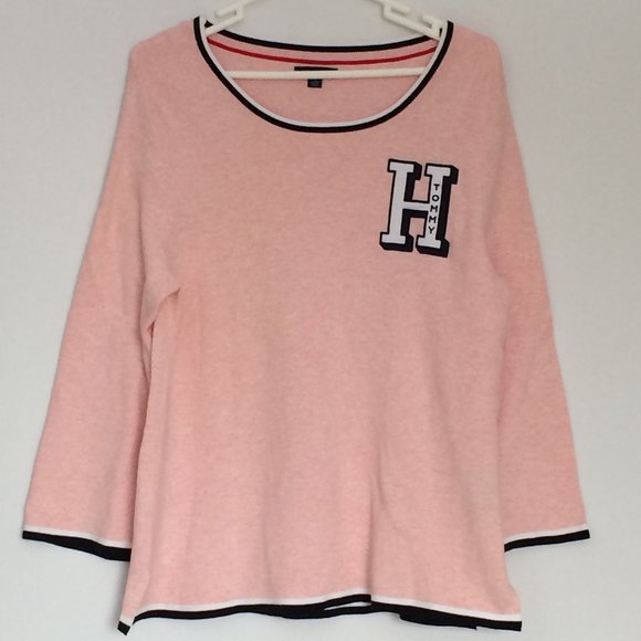 Tommy Hilfiger Womens Sweater Pullover XL Pink Large Letter H Long Sleeve - Picture 1 of 8